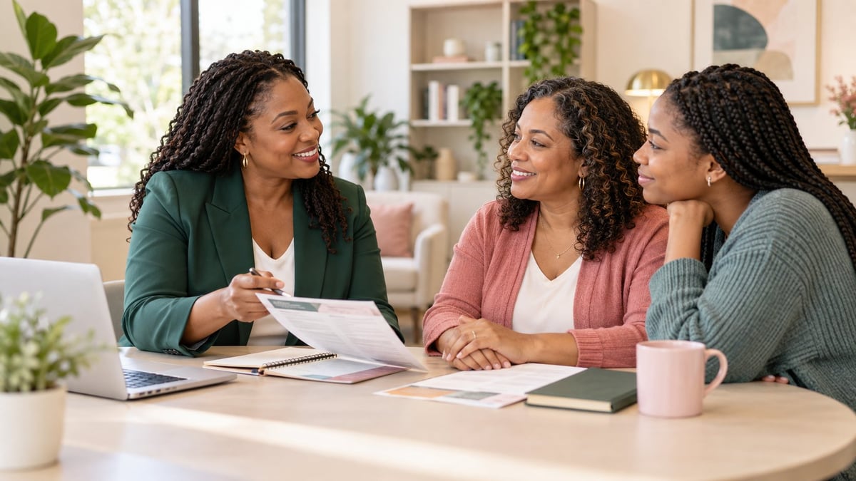 Three women having a business meeting at a table, reviewing documents together in a modern office setting